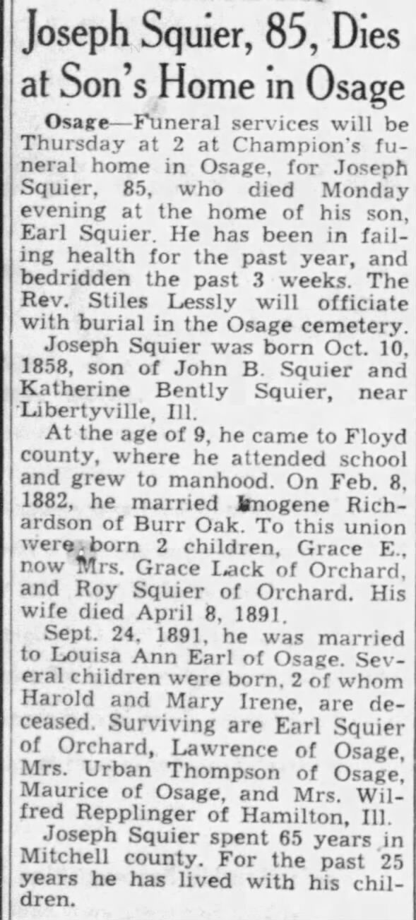 Obituary for Joseph Squier (Aged 85)